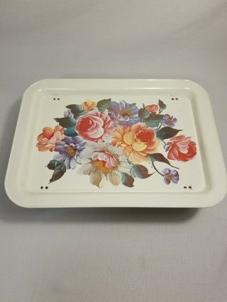 Vintage Metal Tv Lap Tray With Folding Legs Floral Flowers Bed Food Tray Euc