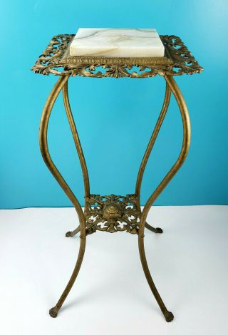 Antique Victorian Filigree Brass & Onyx Marble 2 Tier Fern Plant Stand Table