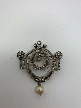 Vintage Silver Pin Brooch With Pearls And Rhinestones