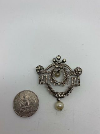 Vintage silver pin brooch with pearls and rhinestones 2