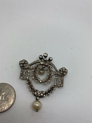 Vintage silver pin brooch with pearls and rhinestones 3