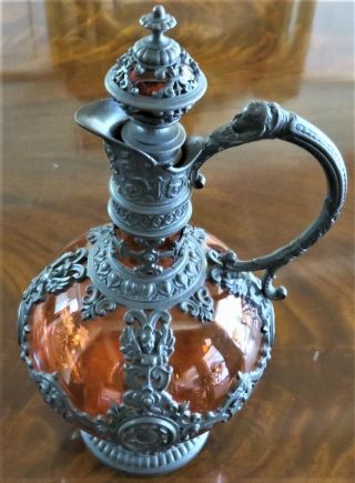 Antique German Carafe Decanter Pewter W/ Amber Glass Theresienthal Ex - Cond.