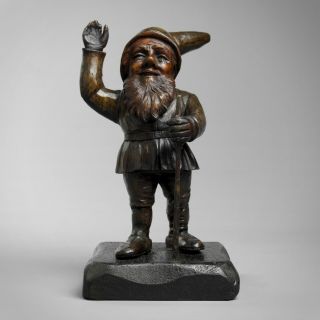 Antique 19th Century Carved Wood Statue Of A Gnome Black Forest