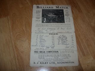 Vintage Billiards Match Team Score Poster - 1926 Lancashire - Riley Tables Ad