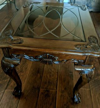 Carved Cherry Oak End Table With Beveled Glass Design Astoria Grand