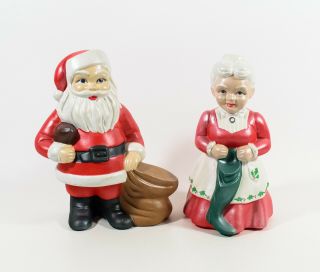 Vintage Retro 10 " Hand Painted Ceramic Mr.  Mrs.  Santa Claus Football Pearlized
