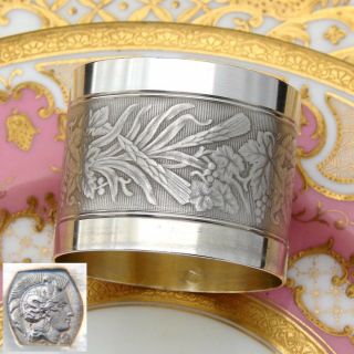 Antique French 800 (nearly Sterling) Silver Napkin Ring,  Machined Band: Agrarian