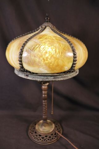 Antique Arts & Crafts Arabesque Slag Glass Table Lamp