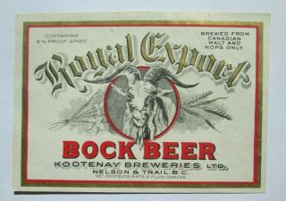 Je Vintage Canada Kootenay Breweries Ltd Beer Label Bock Label Nelson Trail B C