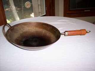 Vintage Wood Handle 14” Round Bottom Steel Wok Pan