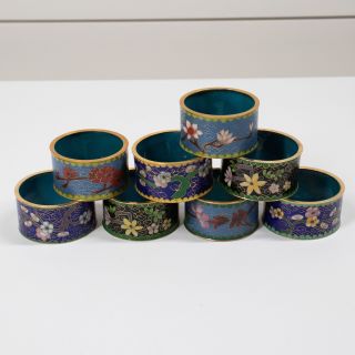 Set Of 8 Vintage Chinese Cloisonné Enamel Brass Floral Napkin Rings 1.  75 "