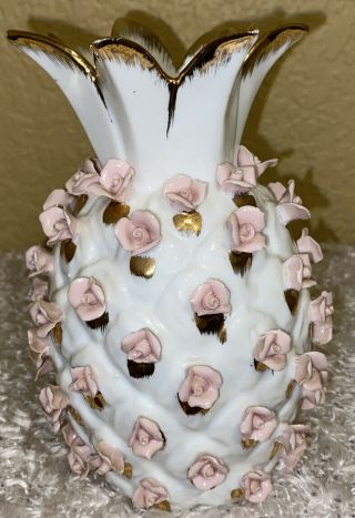 Lefton China Vintage White Gold Pineapple Vase W/ Raised Pink Roses 5.  5”