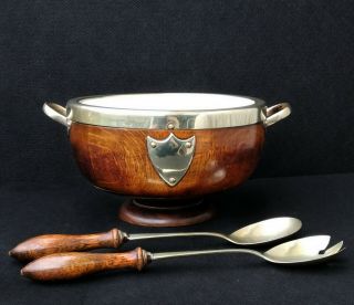 Antique English Oak Trophy / Salad Bowl Silver Plated,  Ironstone Liner & Servers