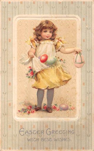 Easter Greetings Girl With Eggs Vintage Postcard Aa29982