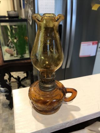 Vintage Small Amber Glass Oil Lamp - 8” - Made In Hong Kong