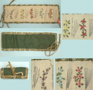 Antique Silk Needle Roll Embroidered W/ Colorful Flowers English Circa 1850