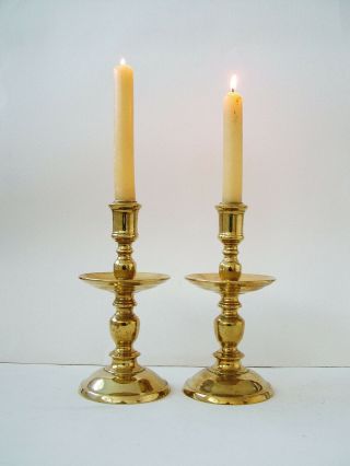 Antique Pair Heavy Polished Brass Heemskerk Candlesticks.  19th C ? 20cm Tall