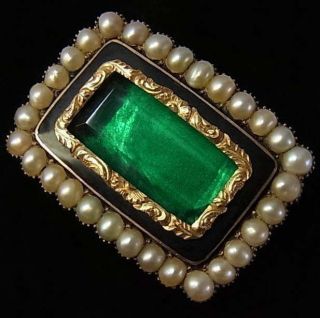 Good Size Antique Victorian Gold,  Pearl,  Enamel & Glass Mourning Brooch