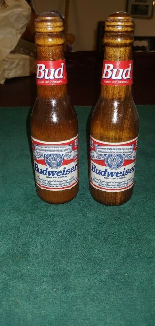 Vintage Set Budweiser Wooden Beer Bottle Salt And Pepper Shakers 8 "