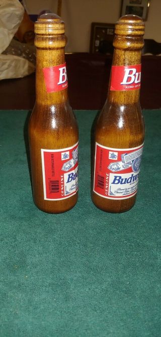 Vintage Set Budweiser Wooden Beer Bottle Salt and Pepper Shakers 8 