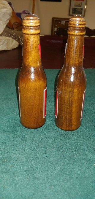 Vintage Set Budweiser Wooden Beer Bottle Salt and Pepper Shakers 8 