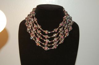 Vintage Glass Multi Strand Beaded Necklace W/ Black,  Purple,  Pink,  Blue 111701