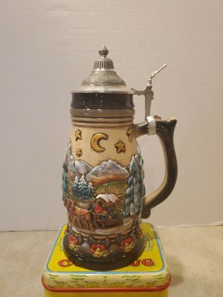 Vintage German Ceramic Beer Stein W/ Zinn Pewter Lid 10.  5 " Overall Height Euc