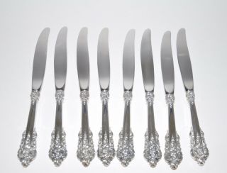 (8) Wallace Grand Baroque 9 “ Dinner Knives Sterling Silver Handles No Mono