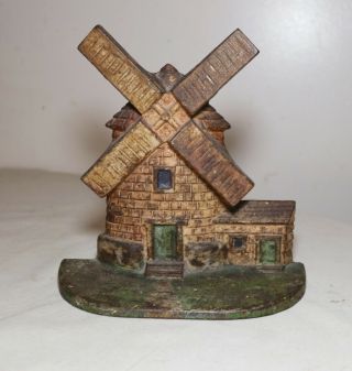 Antique Hand Painted Heavy Cast Iron Figural Windmill House Doorstop