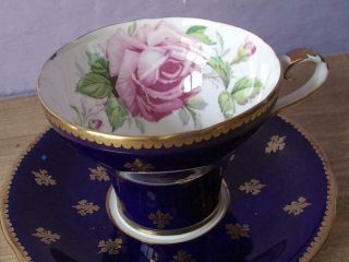 Antique England Large Pink Rose Blue And Gold Bone China Tea Cup Teacup & Saucer