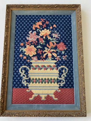 Vintage Finished & Framed Crewel Of Colorful Flowers 21x15 Retro Boho Style