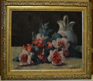 Fine Antique Early 20th Century Roses Still Life Study Oil Painting Biron