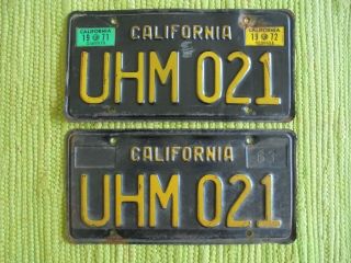 1963 California License Plate Pair Ca Tag Black Plates W/ 71 & 72 Reg Uhm 021