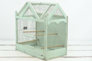 Antique Victorian Wood Bird Cage Rectangular Shaped Bluegreen Bird Cage