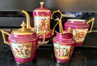 Antique 6 Pc Royal Vienna Tea Coffee Chocolate Pot Set Beaded Gilt 19th Century