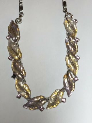 Vintage Signed Lisner Jelly Lucite Thermoset Leaf Necklace - Missing 1 Rhinestone