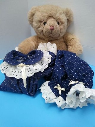Russ Berrie So Soft Teddy Vtg 18 " Plush 4607 W/ Blue/white Dress & Bloomers