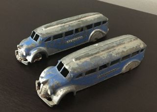 2 Vintage Tootsietoy 5 3/4 " 1045 Greyhound Bus With Tin Bottom Mfg.  1937 - 1941