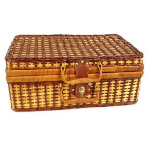 Vintage Rattan Wicker Suitcase Picnic Basket W/ Blue Gingham Plaid Lining