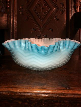 Antique Mt Washington Consolidated Blue Mop Herringbone Satin Glass Bowl Large