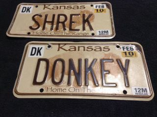 Kansas Vanity License Plate Set Shrek And Donkey Movie Fan Rare