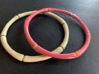 Vtg 2 Metal Bamboo Style Creamy White & Red Enamel Gold Tone Bangle Bracelets