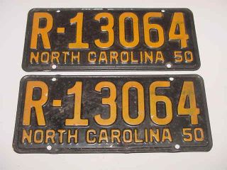 1950 North Carolina Nc License Plates Tags Matching Pair Yellow Black R - 13064