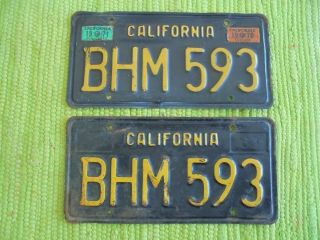1963 California License Plate Pair Ca Tag Black Plates W/ 70 & 71 Reg Bhm 593
