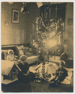 Kids Playing W Dolls Tin Toys By Christmas Tree Vtg 1920 