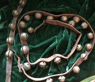 2 Antique 1 " Brass Sleigh Bells 80 " Long Total Leather Straps W 26 Jingle Bells