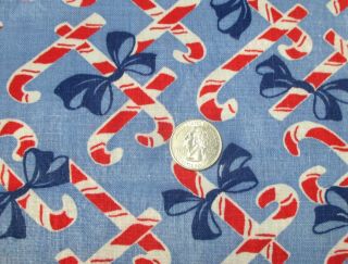 Vintage Novelty Partial Feedsack Festive Red & White Candy Canes On Pretty Blue