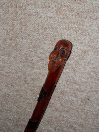 Antique Carved Water Themed Shaft Walking Stick With Hand Carved Bearded Man Top