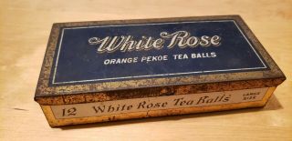 Vintage White Rose Orange Pekoe Tea Balls Tin Hinged Lid Ny