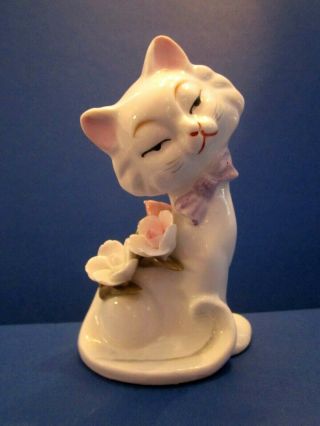 Vtg Ceramic White Cat Kitten Figurine,  Purple Bow,  Pink Flower,  Japan.  5 " Tall